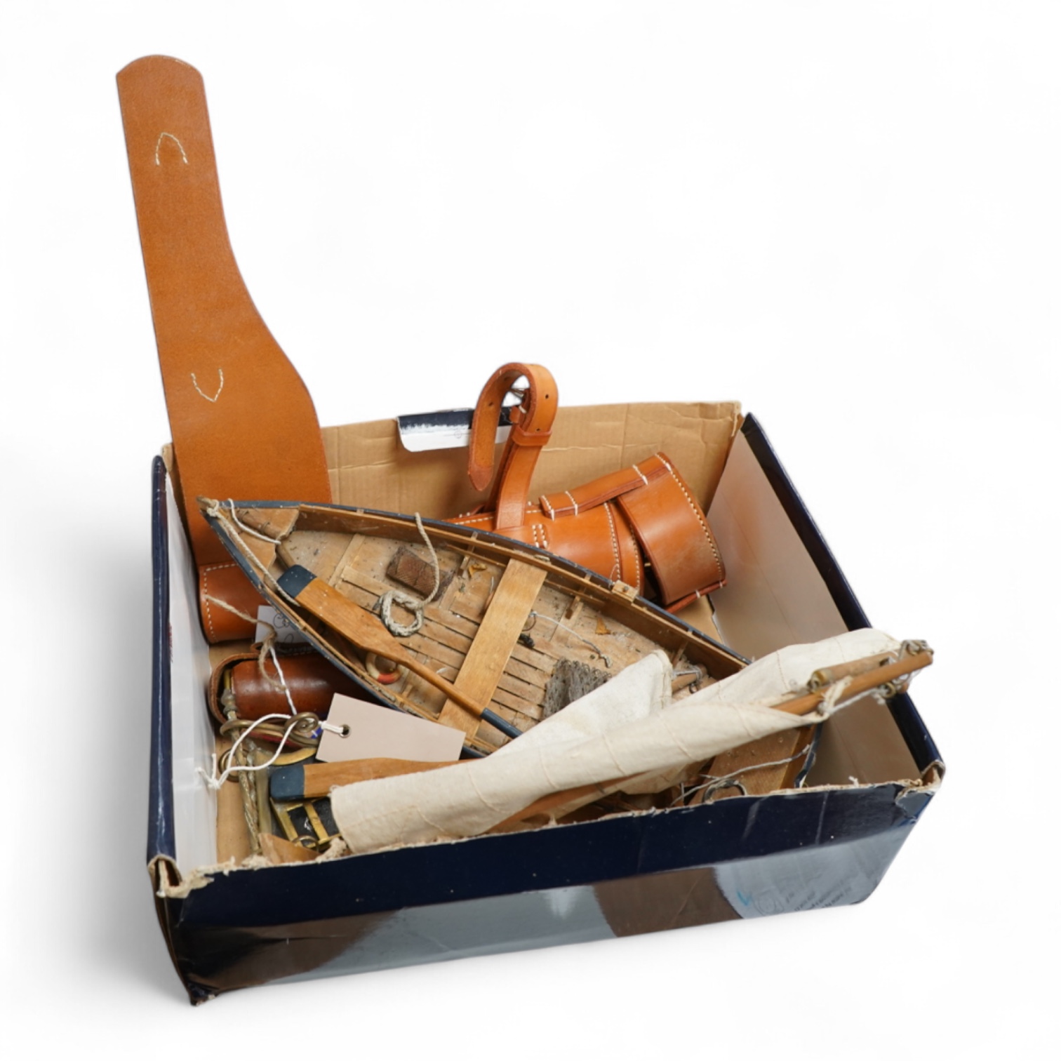 A Pietra Dura inkstand, telescope, cased glass flask and a wood boat model